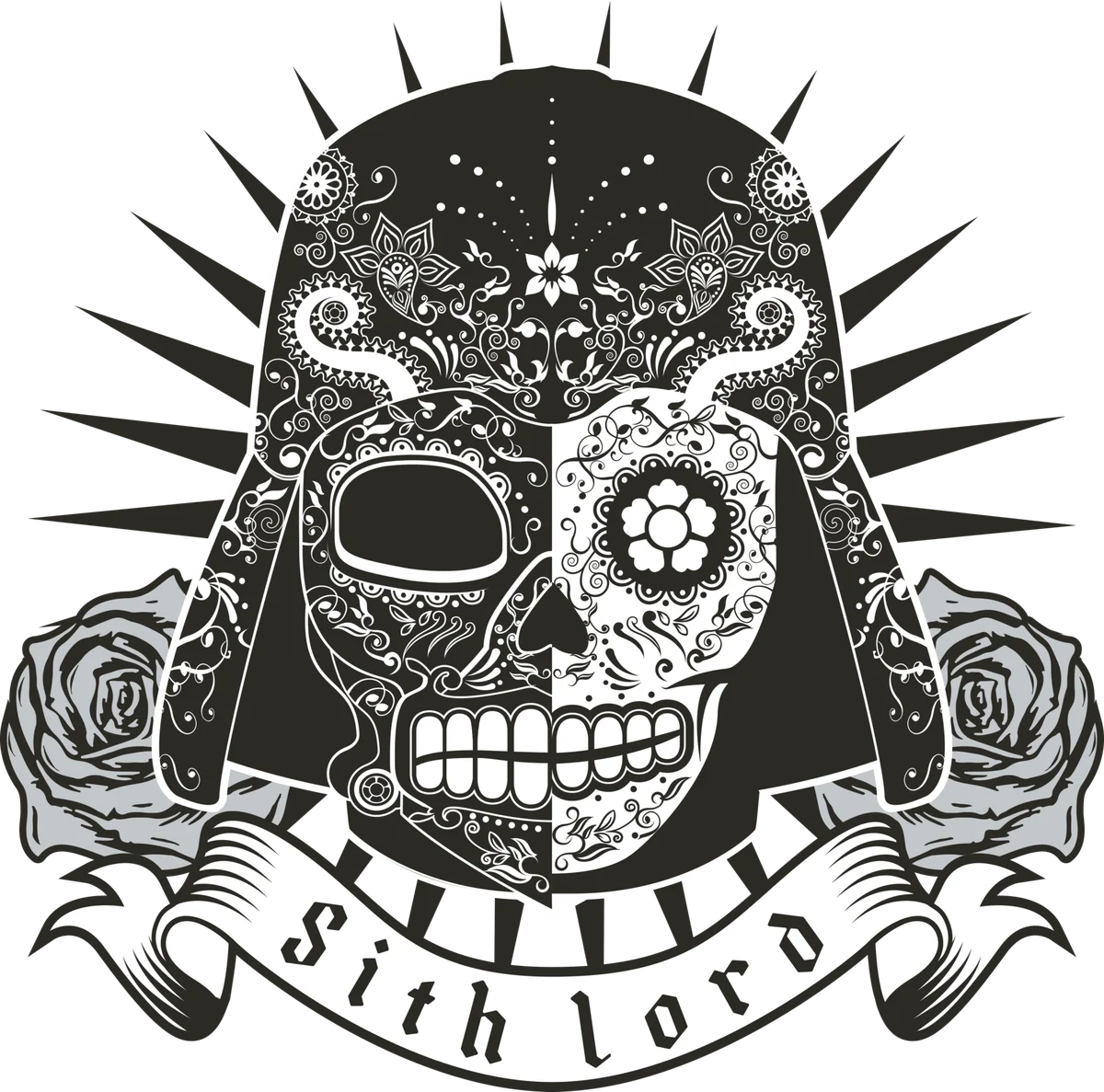 Black and white half-face Sith Lord sugar skull illustration
